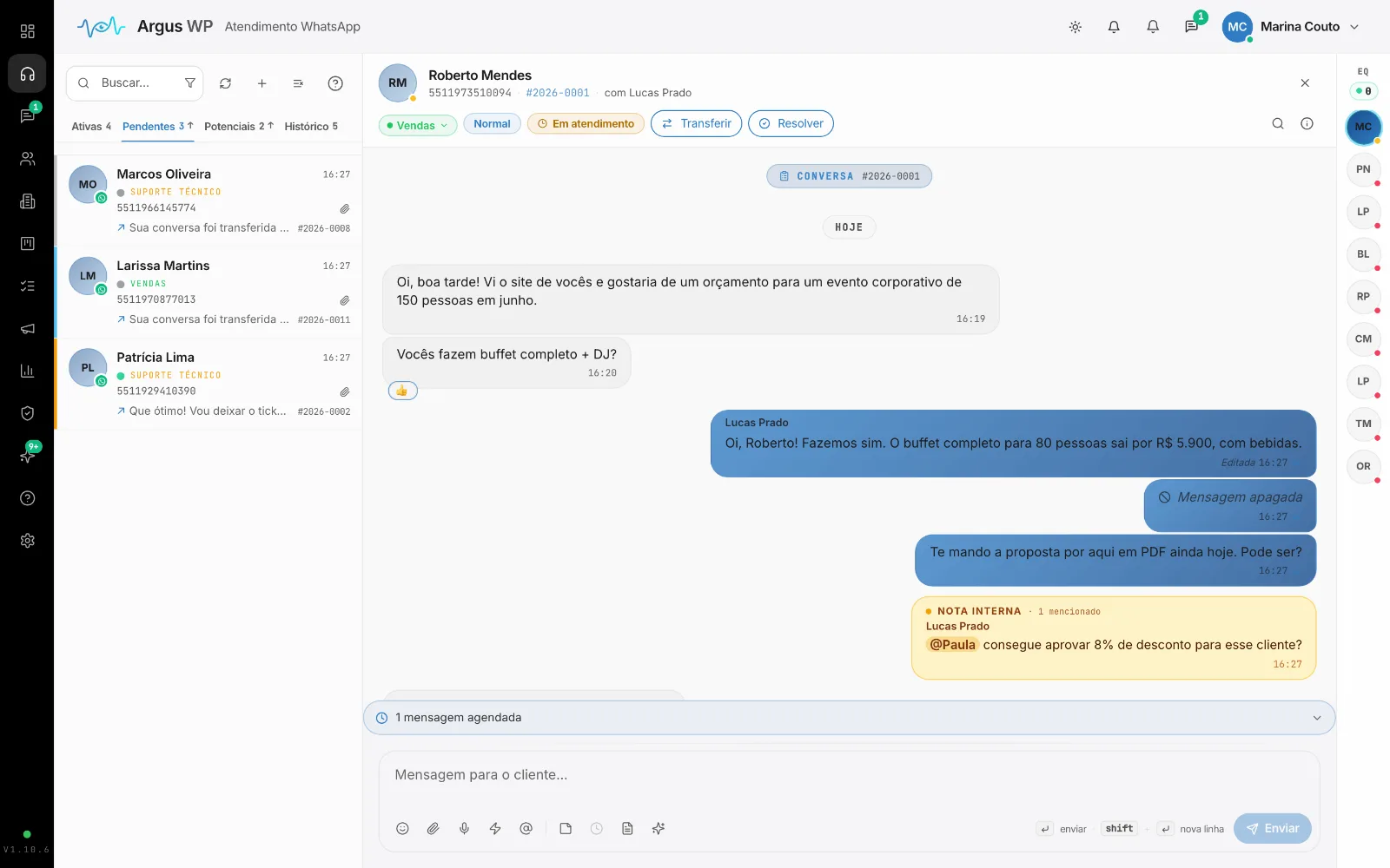 Atendimento na aba Pendentes, com departamento e tempo de espera.