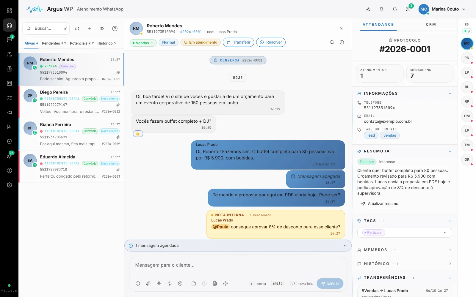 Atendimento: lista de conversas, chat e painel do contato.