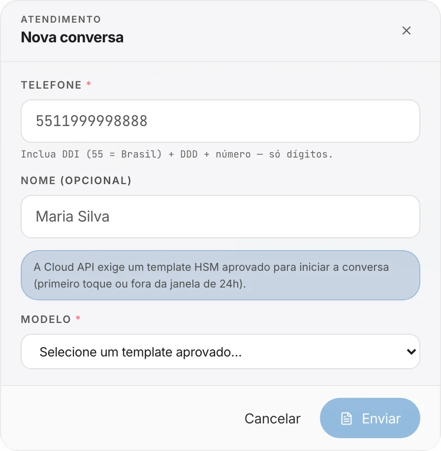 Nova conversa: telefone, nome e primeira mensagem