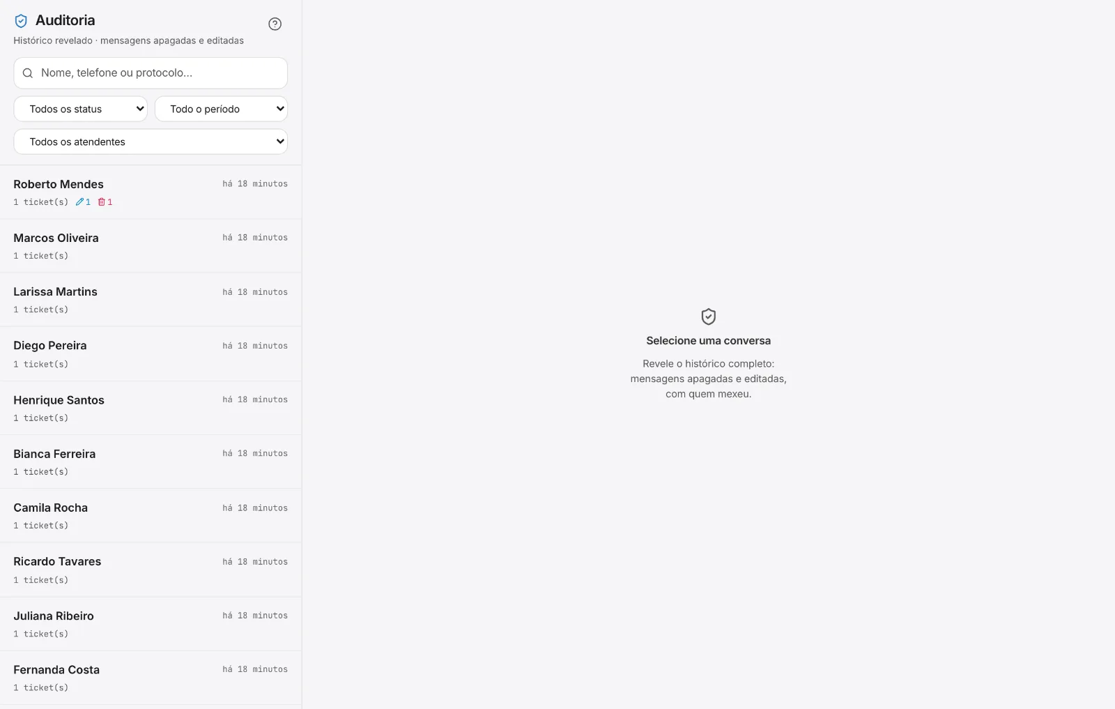Auditoria com filtros de status, atendente e período