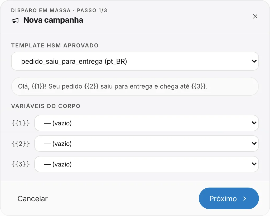 Nova campanha: template, variáveis e público