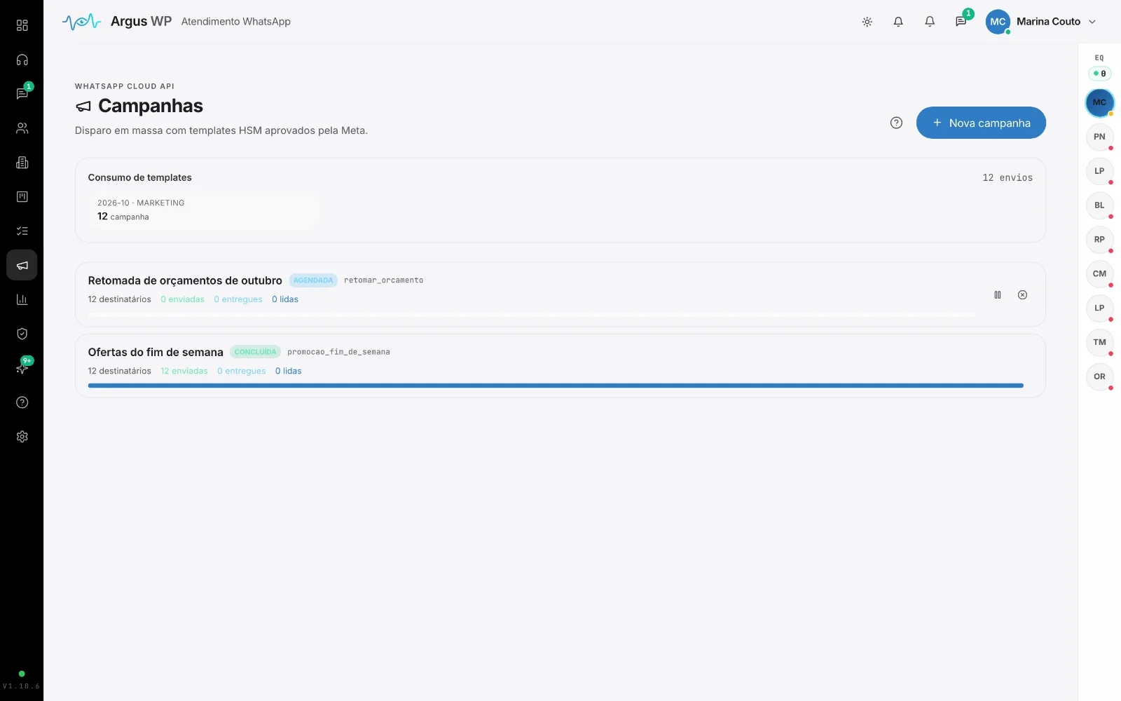 Campanhas com contadores de envio, entrega e respostas
