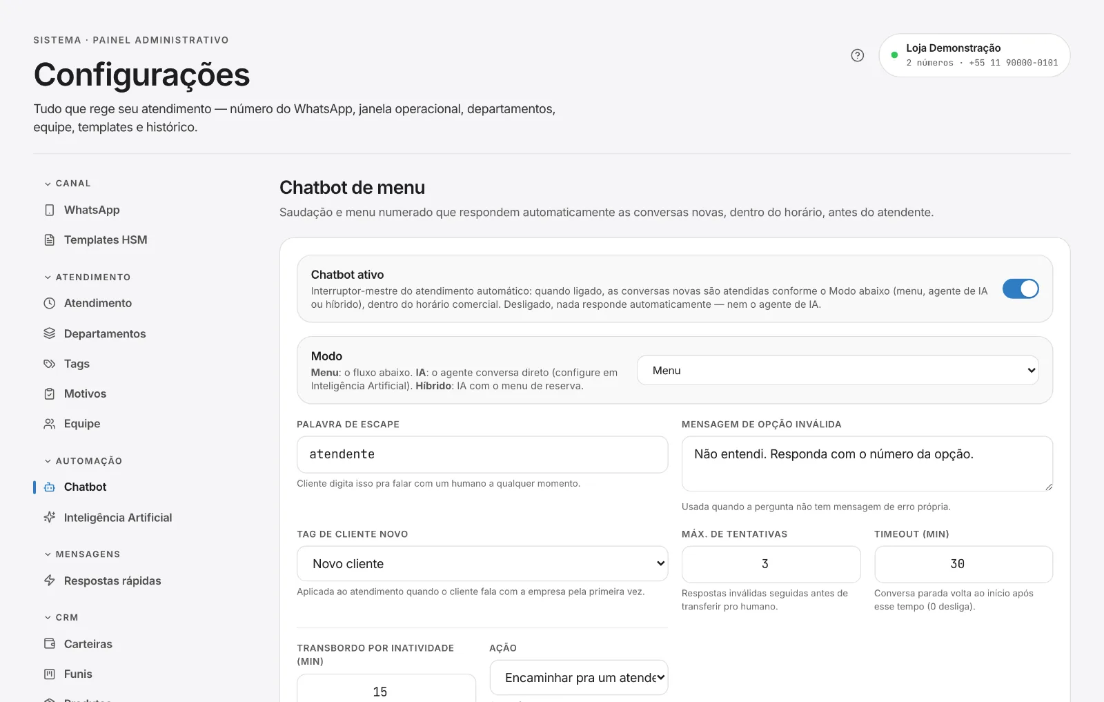 O chatbot pergunta, valida a resposta e entrega a conversa ao departamento com os dados já preenchidos.