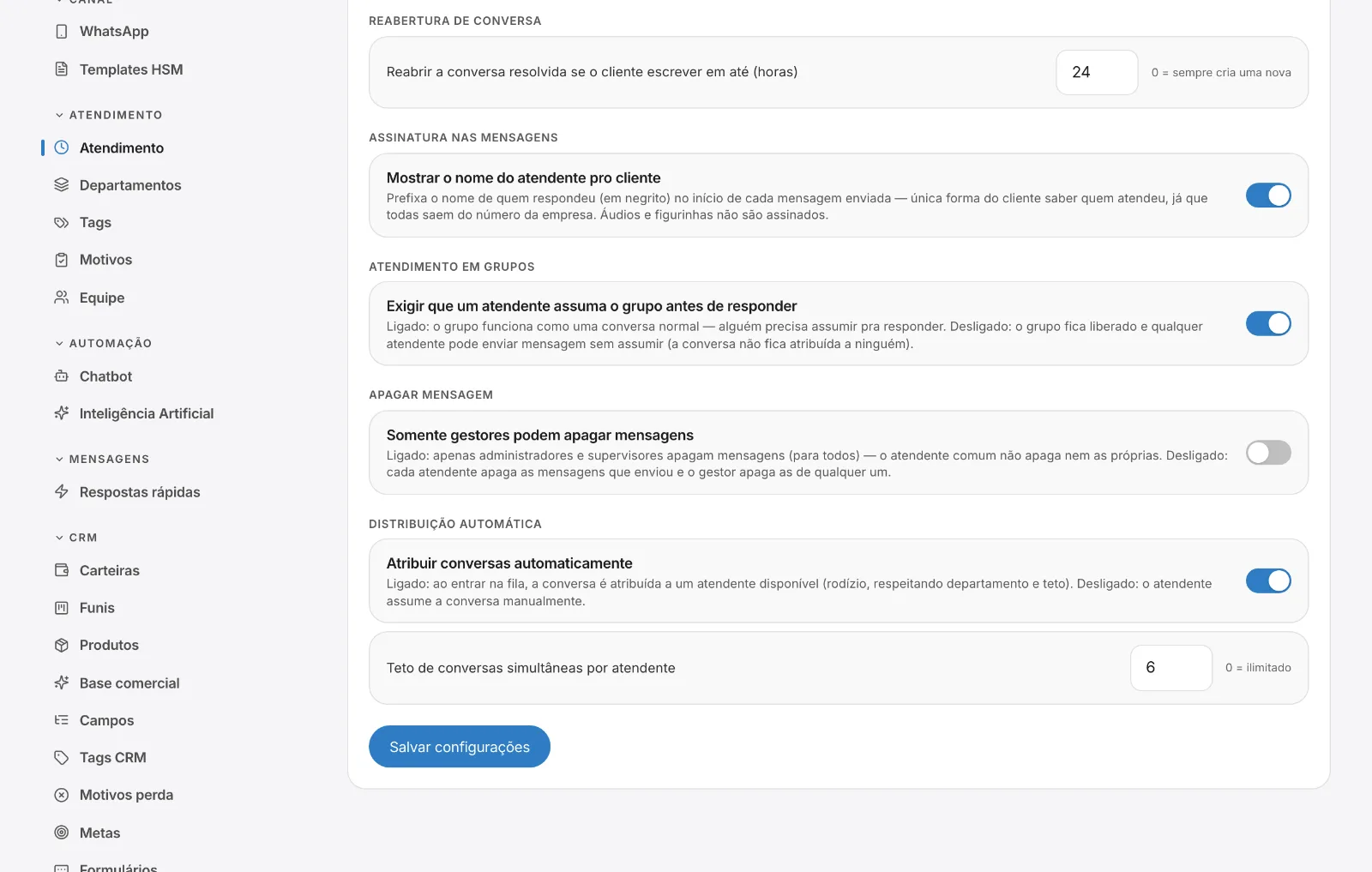Distribuição automática e teto de conversas simultâneas