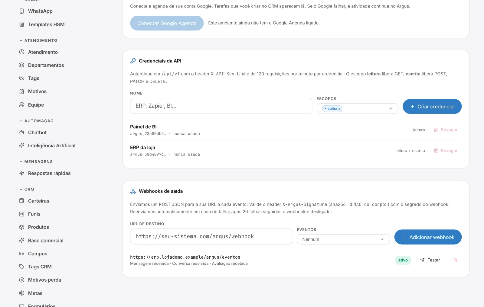 Integrações: credenciais da API com escopo e último uso