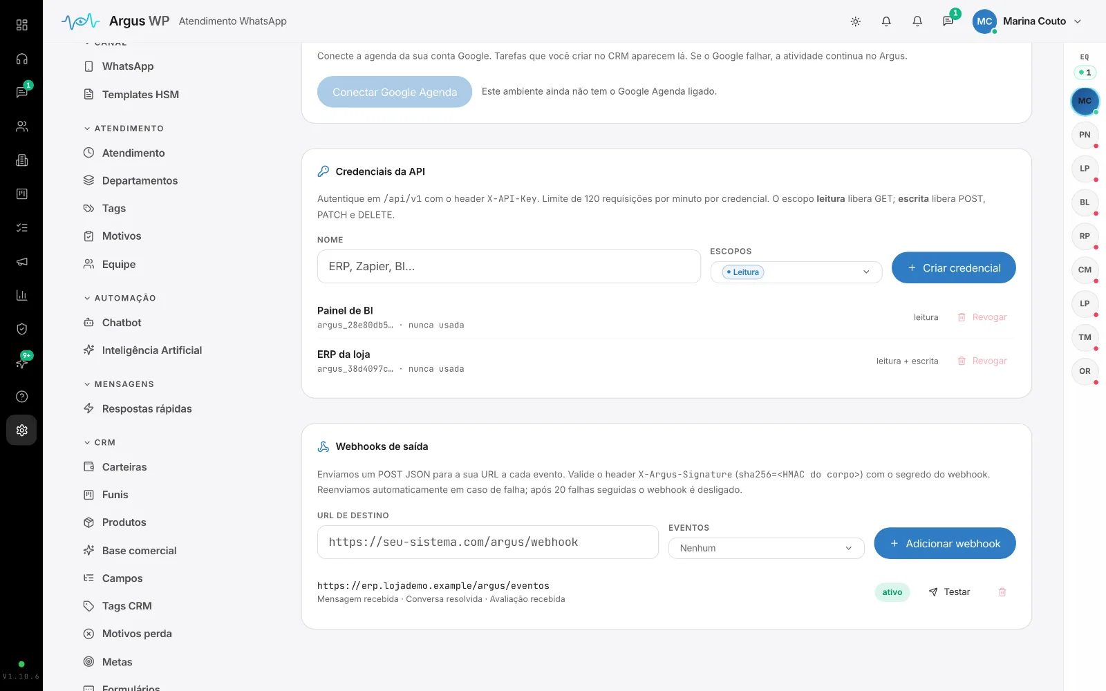 Integrações: credenciais da API com escopo e último uso