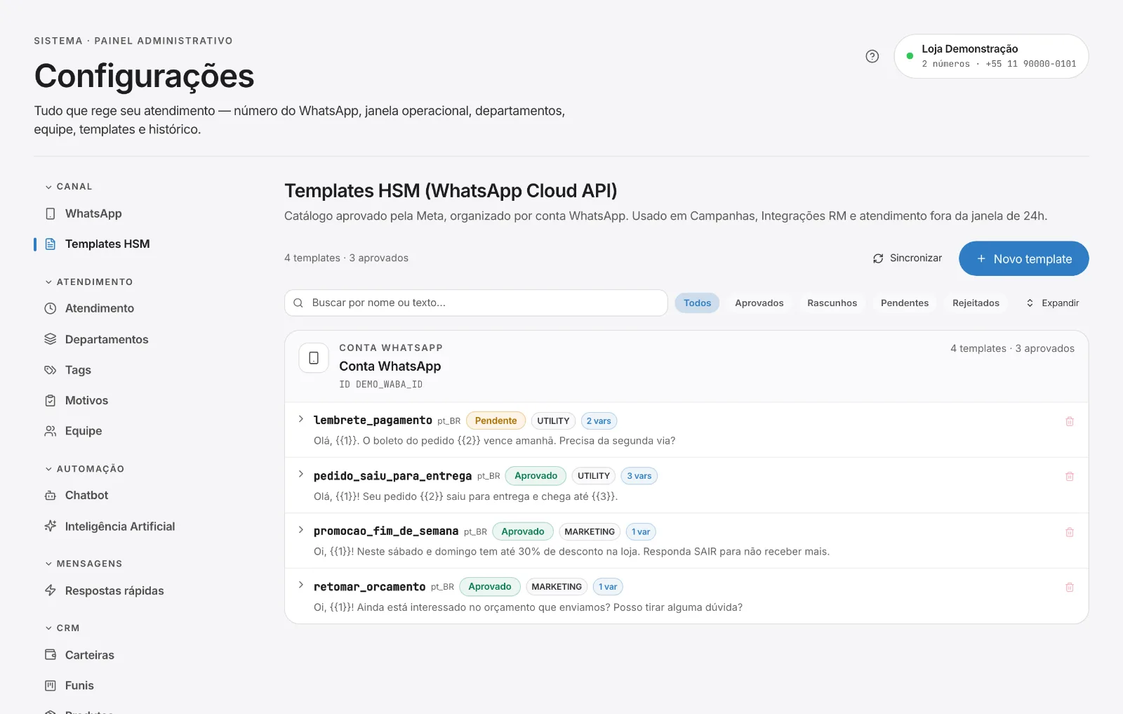 Templates aprovados e rascunhos agrupados por conta do WhatsApp