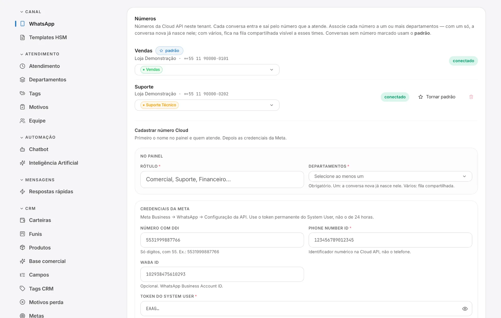 Conexão WhatsApp: números conectados e o departamento de cada um