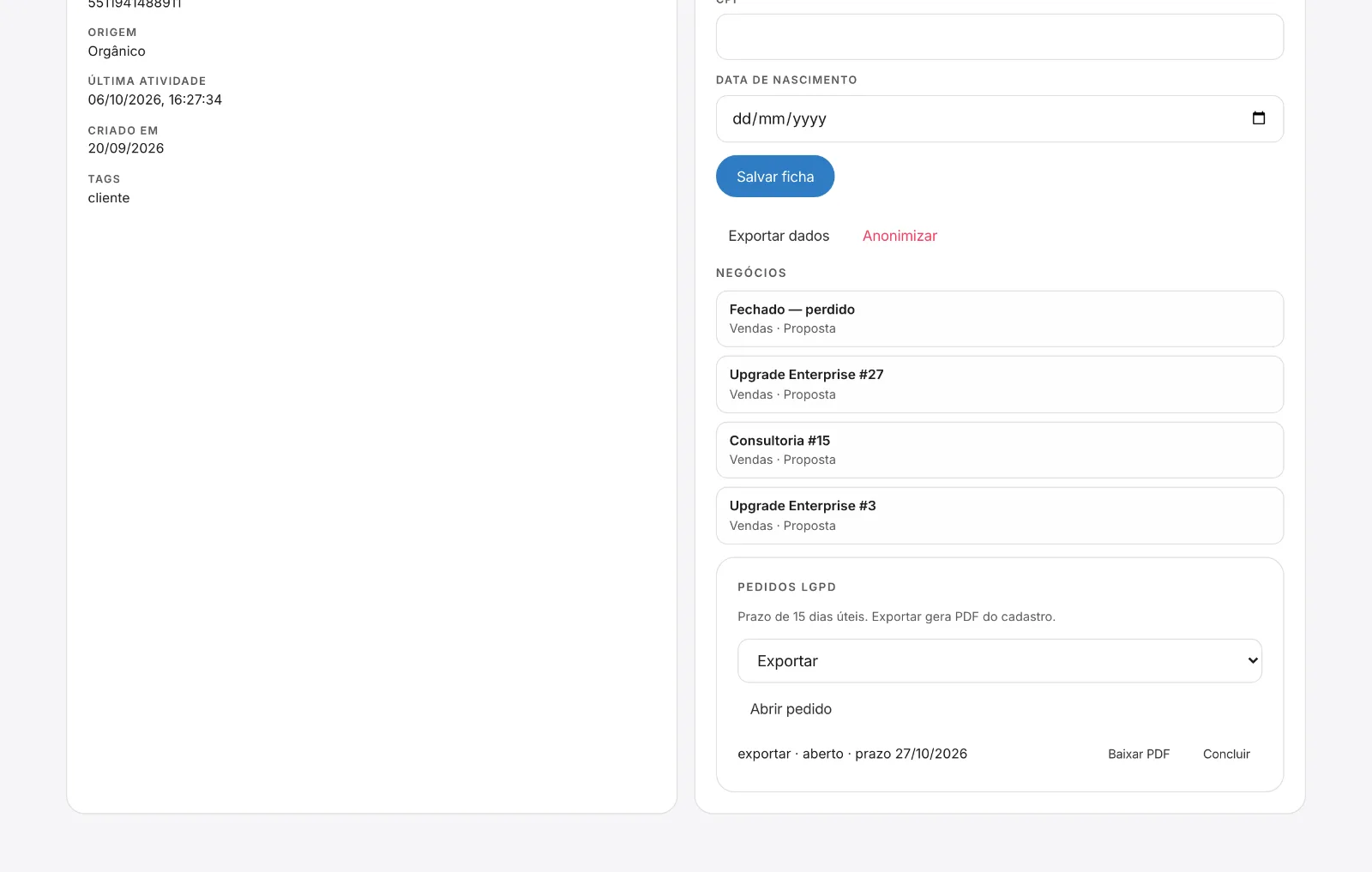 Pedidos LGPD na ficha, com prazo e exportação em PDF