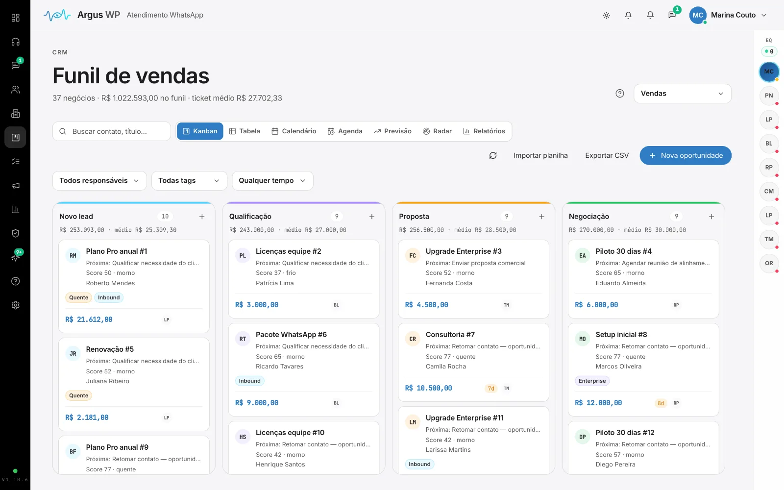 Funil de vendas em kanban com valor e dias na etapa